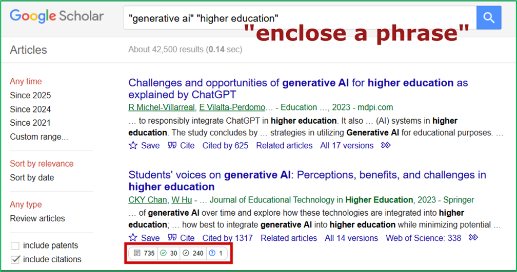 Scite browser extension showing smart citations on Google Scholar screen capture