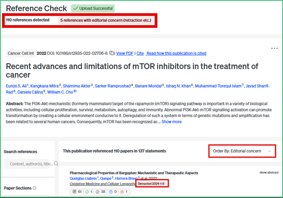 Scite reference check results screen capture