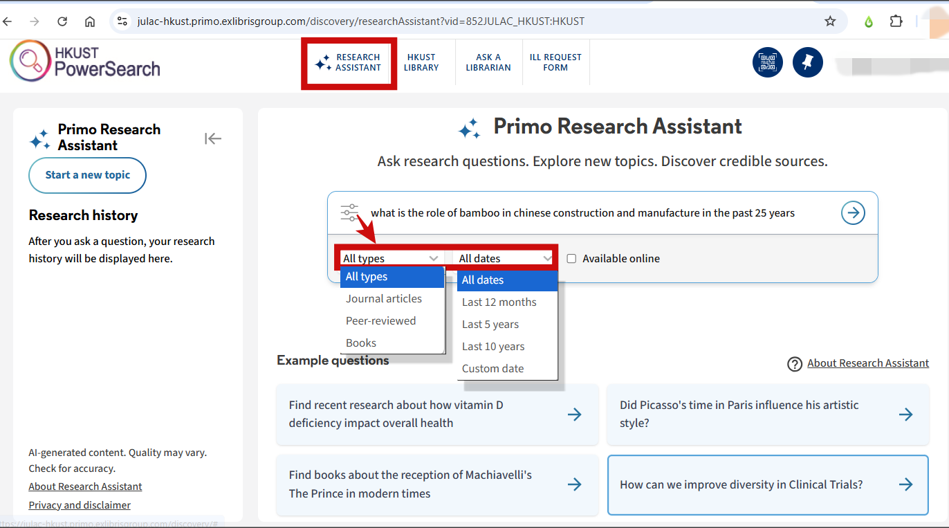 Ask Primo Research Assistant question in natural language