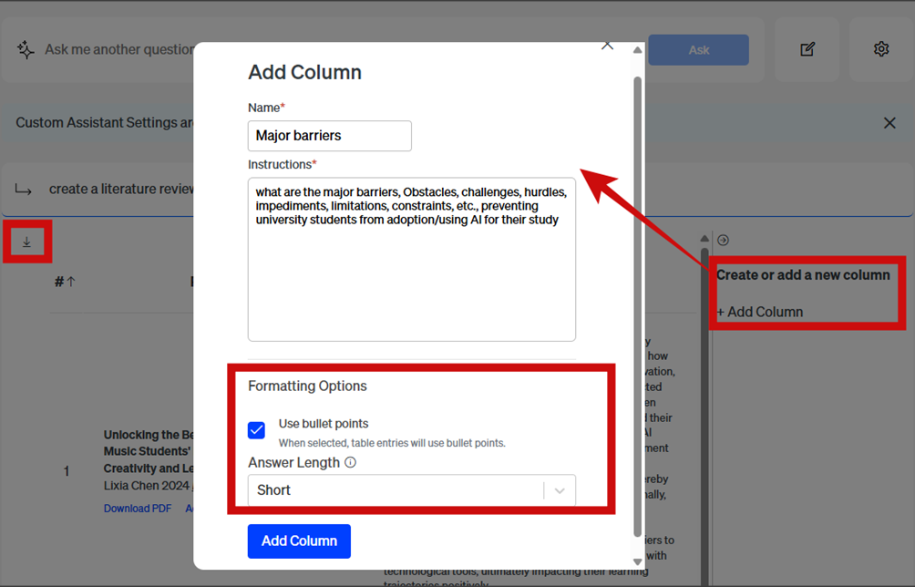 scite - assistant result add a column