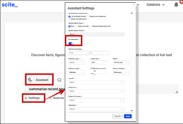 scite assistant table settings