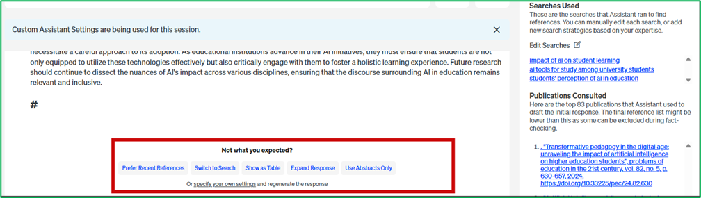 Scite Assistant non-table search results change preferences if necessary