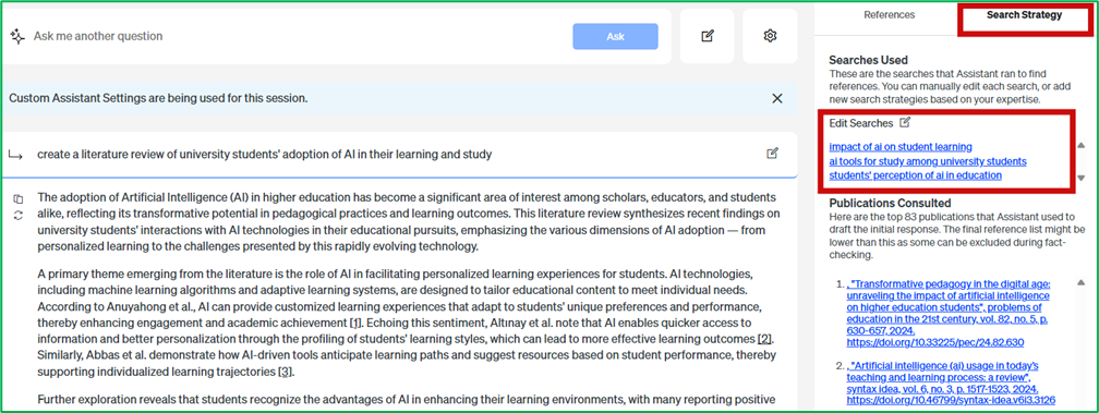 Scite Assistant non-table mode results showing searches