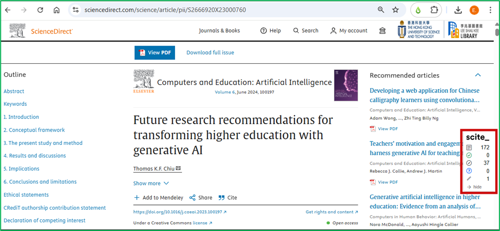 Scite browser extension showing smart citations on a journal article page screen capture