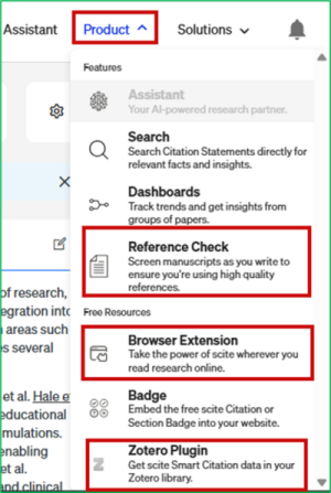 Find other features of Scite under the Product tab
