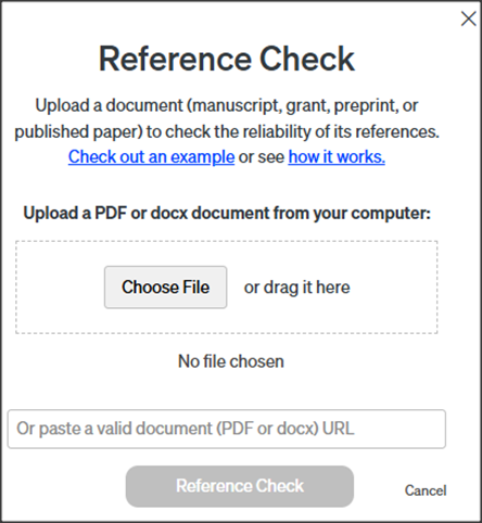 Scite reference check feature allows upload of PDF to check references