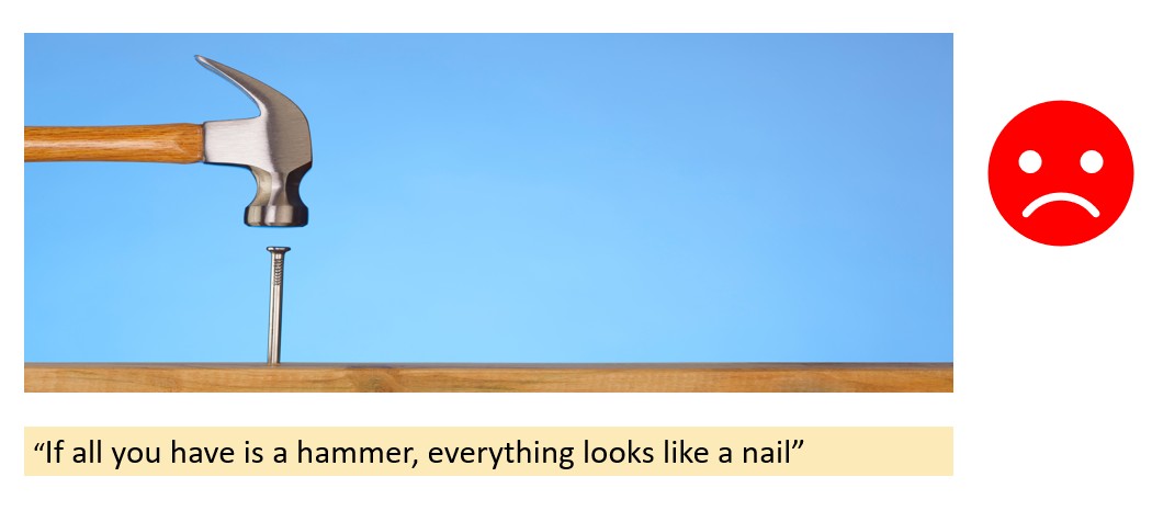 picture of a single hammer above a nail on a wooden board with a red frowny-face to the right. Thw words "If all you have is a hammer, everything looks like a nail" written underneath the images.