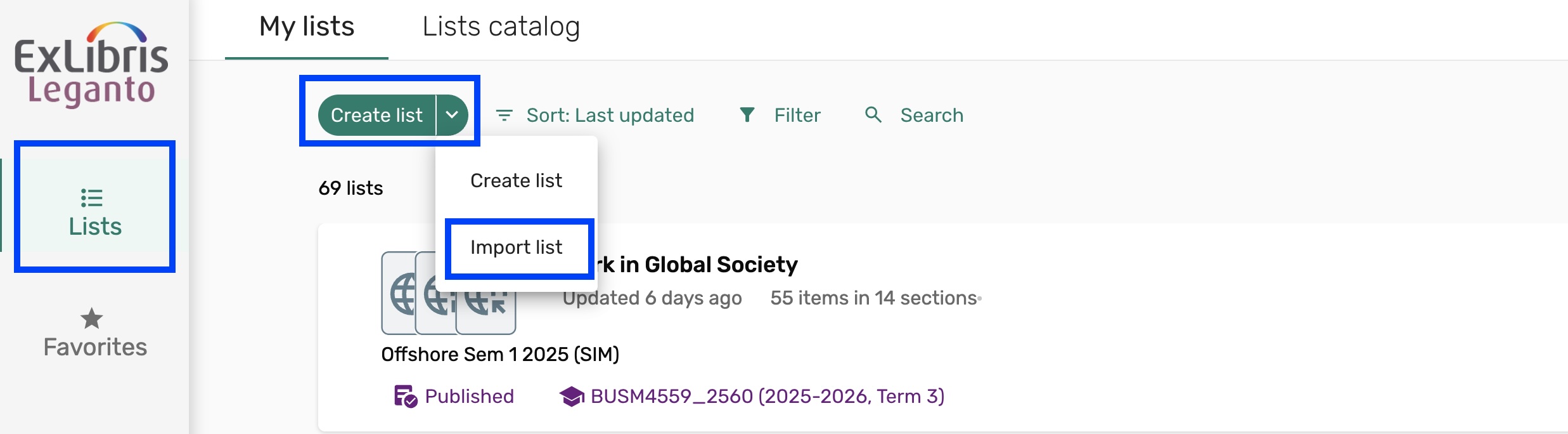 Selection of your 'Lists' and 'create list' in Reading Lists