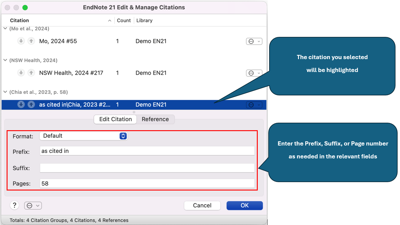 A screenshot for adding prefix and page numbers for an EndNote citation in Word on Mac