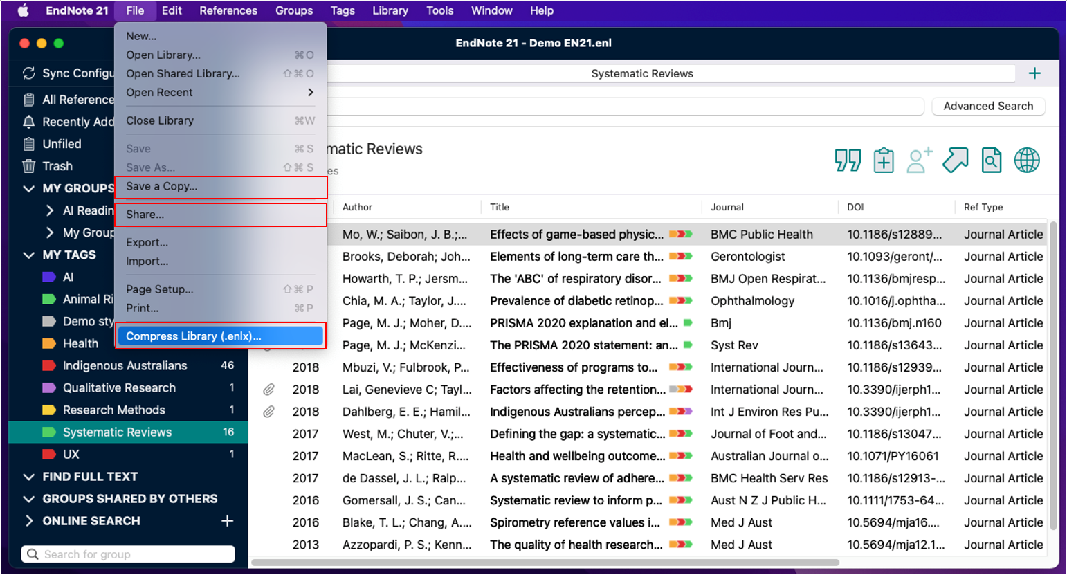 A screenshot of backing up an EndNote library on Mac