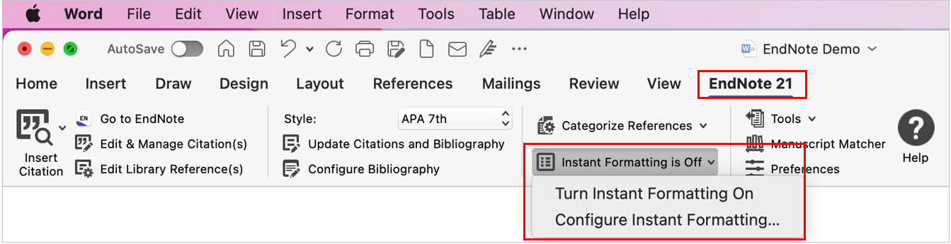 A screenshot for turning the instant formatting on for an EndNote citation in Word on Mac