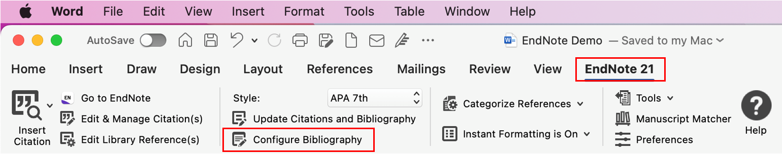 A screenshot of EndNote tab for Configuring Bibliography in Word on Mac