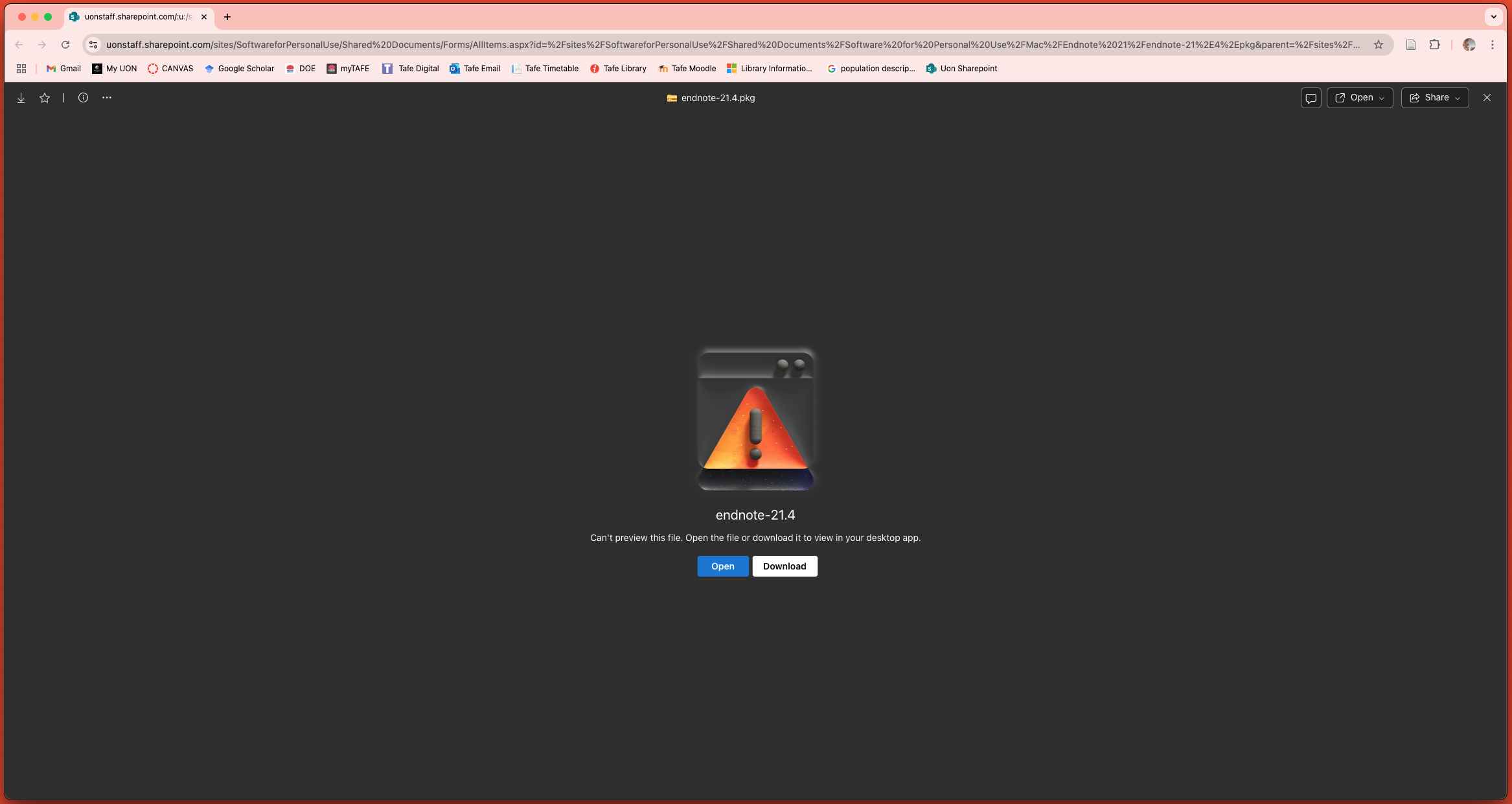 A screenshot of Mac EndNote Installation -error message of can not preview file