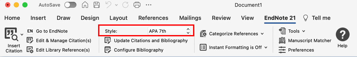 EndNote output styles menu