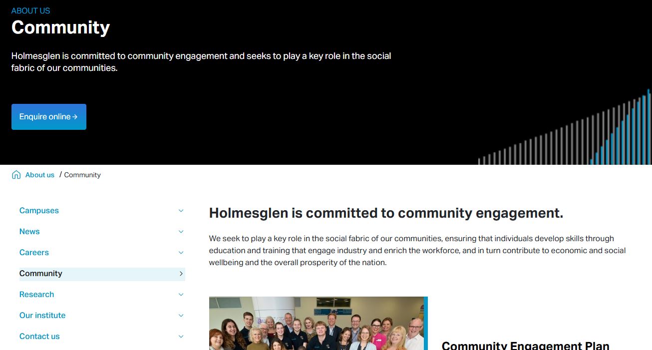 Screenshot of the community page from the Holmesglen website