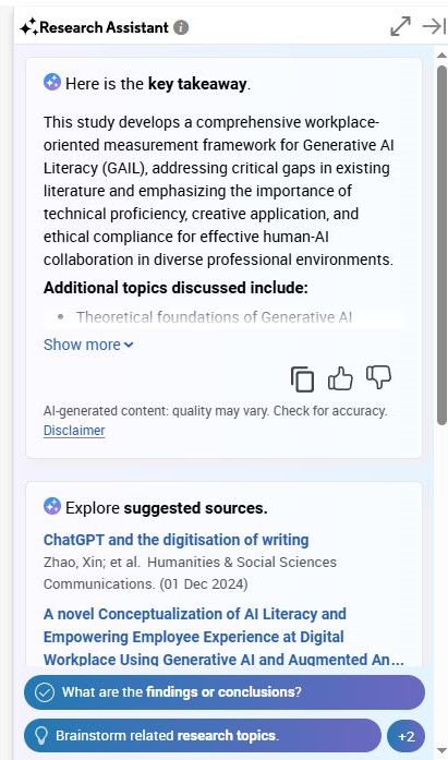 Screenshot of research assistant example showing an article's key takeaways, suggested resources and two gen ai prompts.