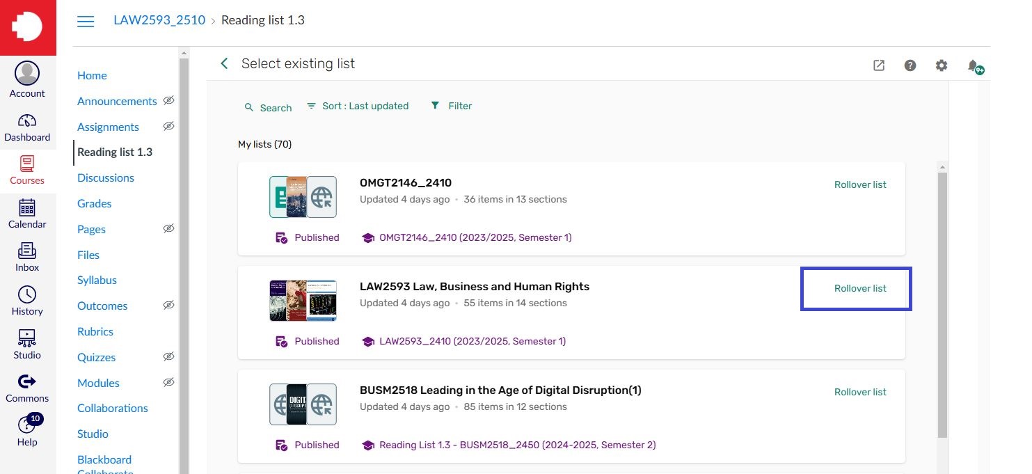 Screenshot showing rollover list option highlighted for select course