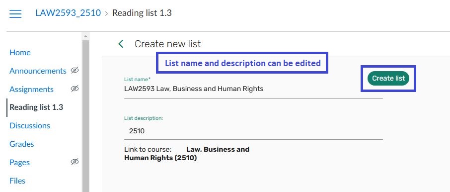 Screenshot showing where the reading list name and description can be edited and where to select create list option