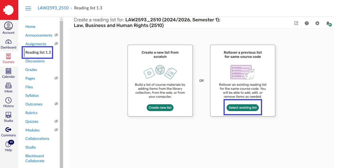 Screenshot with reading list menu selected and create new list option highlighted