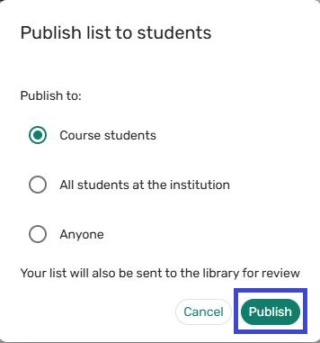 screenshot showing publish options with course students select and the publish option highlighted