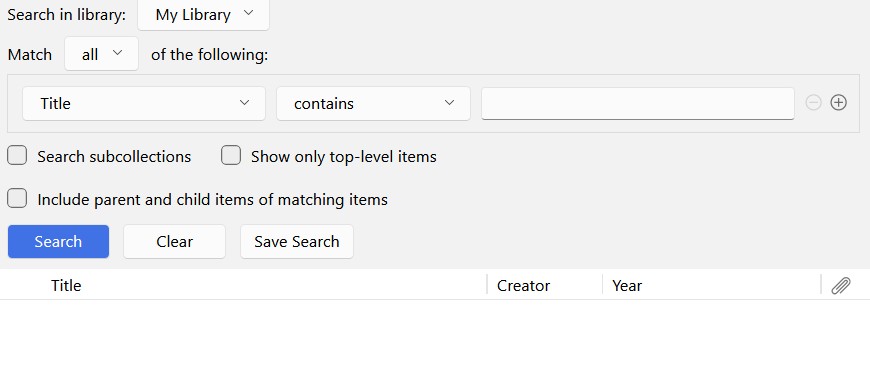 Advanced search for finding existing references in Zotero Desktop.