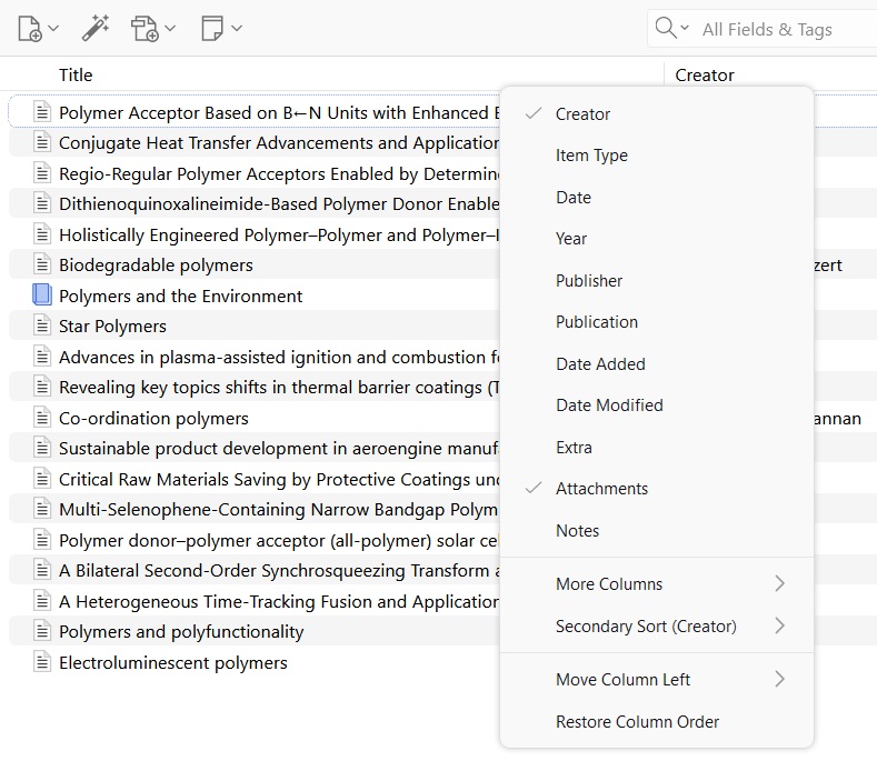 Showing or hiding column headers in Zotero Desktop.