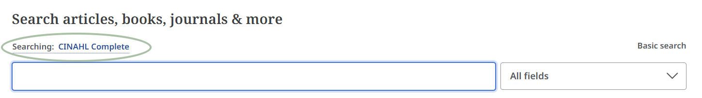 Screenshot of search box with the text "searching: CINAH" directly above box highlighted.