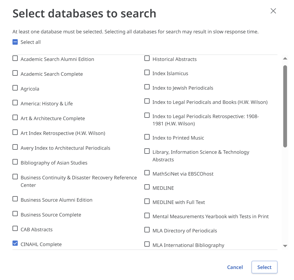 Screenshot of list of databases with tickboxes to the left