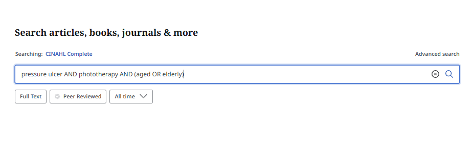 Screenshot of search box with the text "pressure ulcer AND phototherapy AND (aged OR elderly) typed in