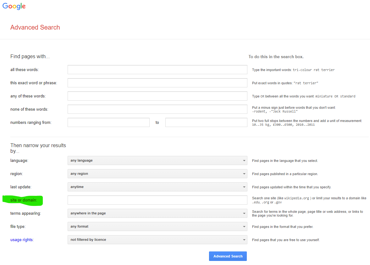 snap of example search fields on Google webpage
