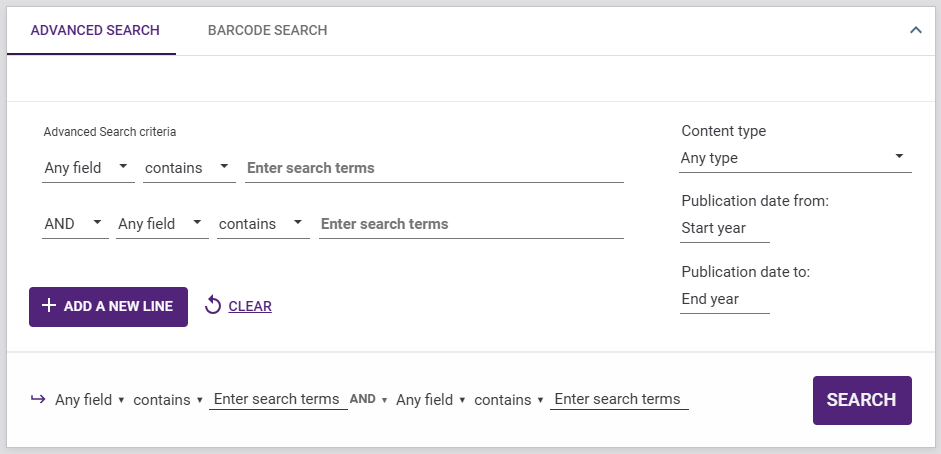 Advanced Search criteria options, including field selectors, prefiltering options, and additional search lines for complex queries