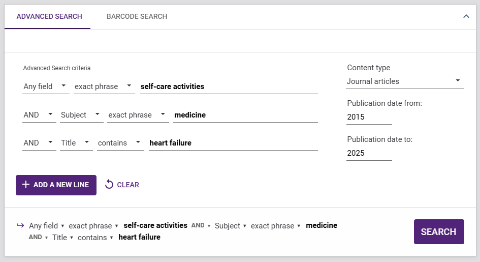 Advanced Search example, with expanded display for all search criteria