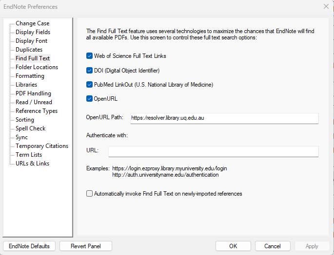 Settings for Find Full Text
