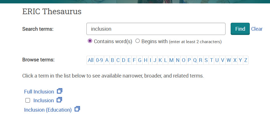 image of the eric thesaurus searching for the term inclusion