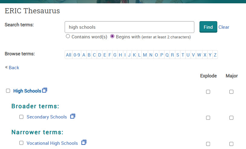 eric thesaurus showing a search for high schools
