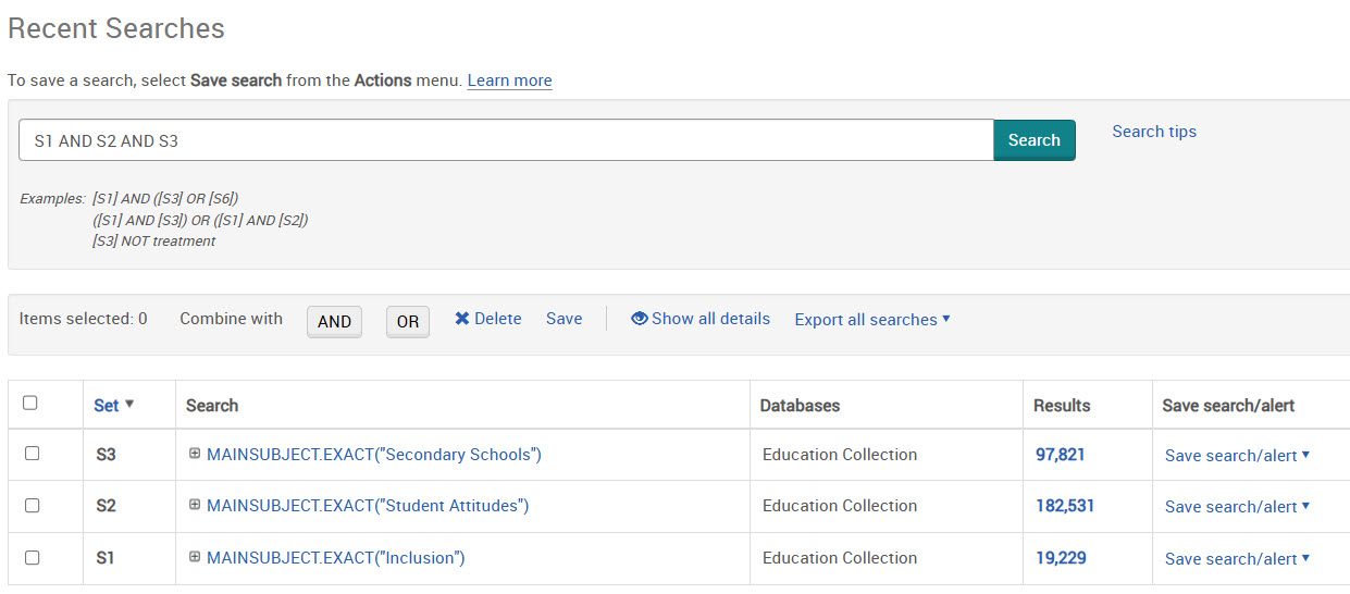 recent searches showing search history of terms inclusion, student attitudes and secondary schools