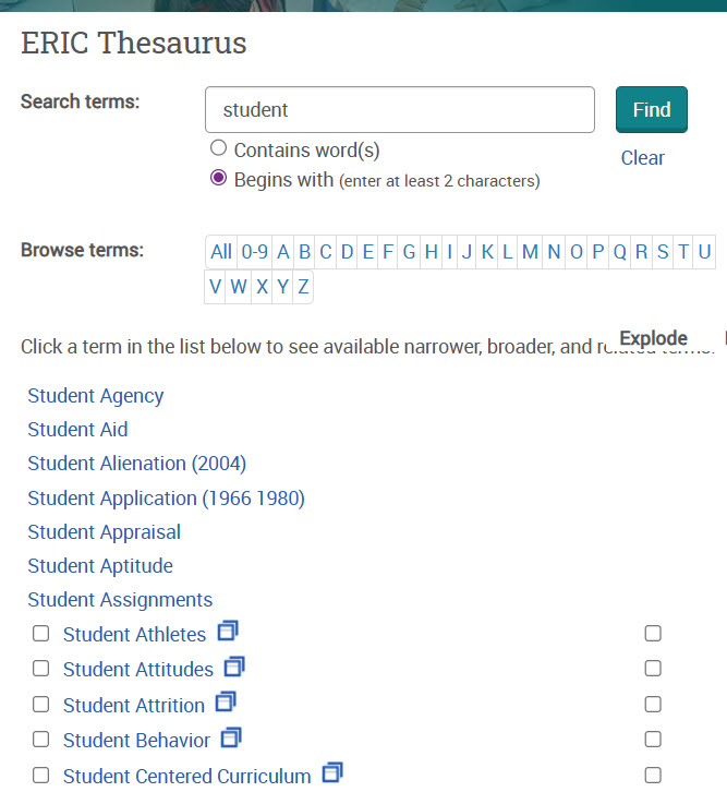 ERIC thesaurus showing search term student and selecting begins with option