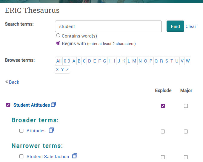 ERIC thesaurus with term student attitudes searched, selected and exploded