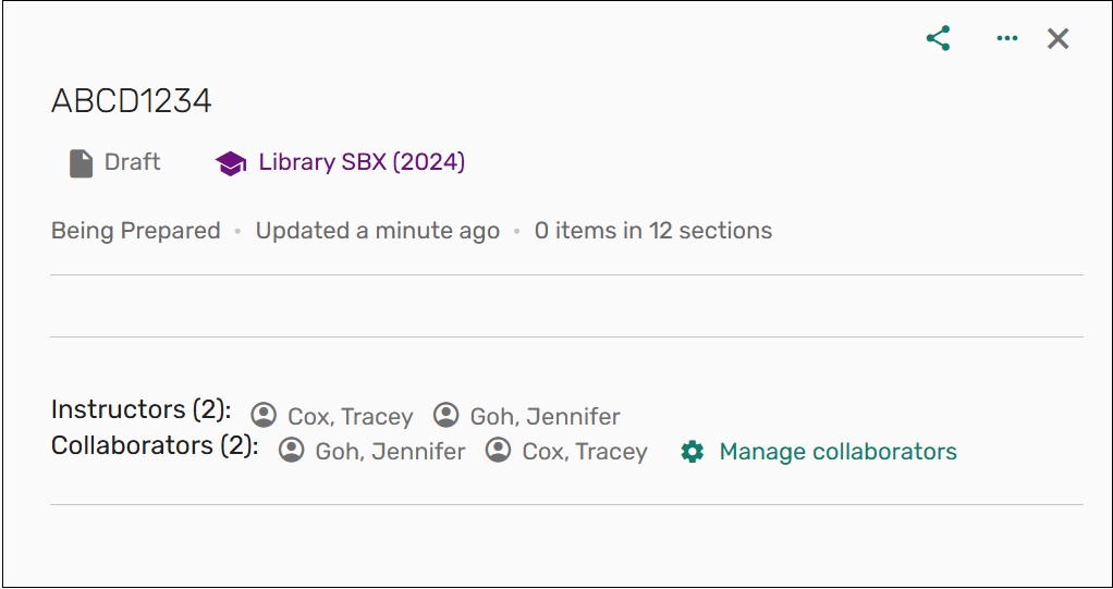 Screenshot showing current course collaborators. The manage collaborators cog is to the lower right of the screen.