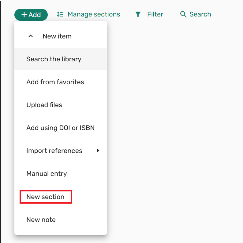 Screenshot of add button with drop down menu displaying different options. The new sections option is enclosed in a red box.