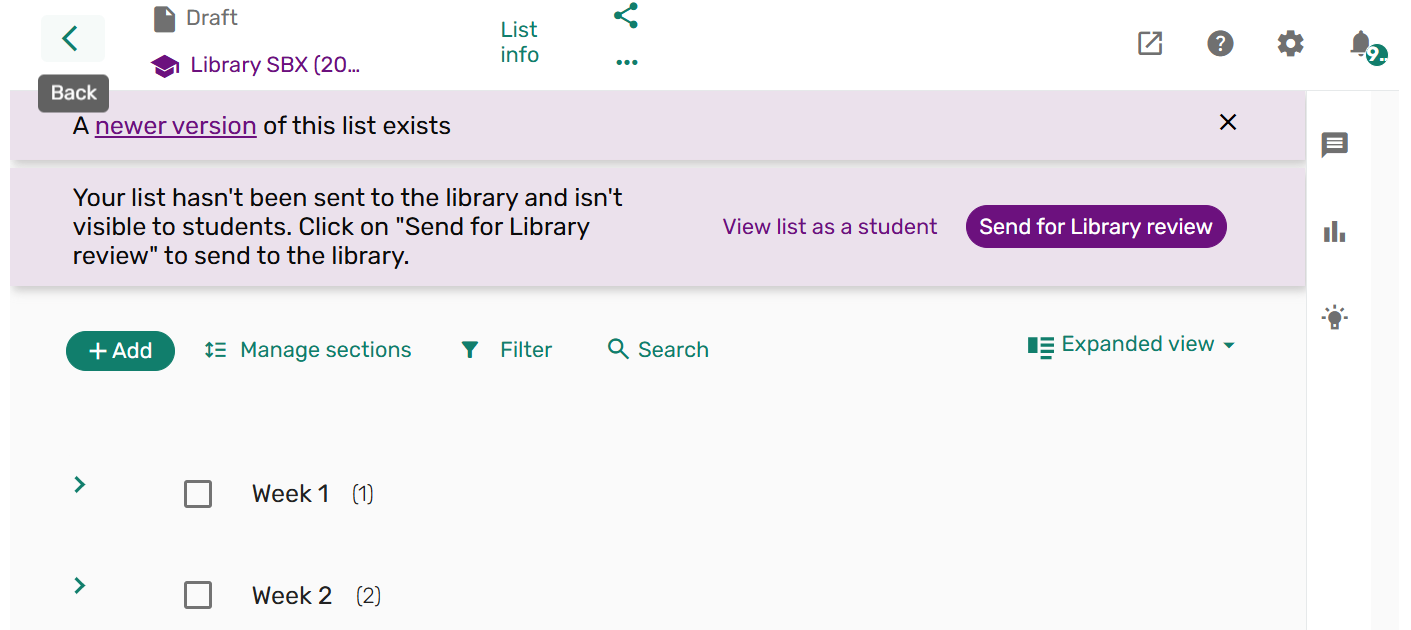 Screenshot of completed list sections organised by weeks. 