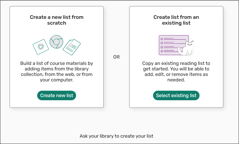 screenshot of two boxes. Create a new list from scratch on the left of screen. Create list from an existing list on the right of screen.