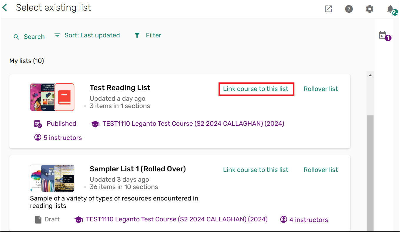 Screenshot with text heading select existing list.  Course lists are shown.  A red box has been placed around the option link course to this list. 