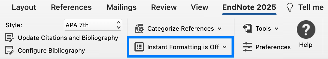 EndNote Formatting is Off button in Microsoft Word