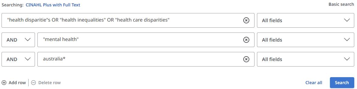 Search in interface: ("health disparitie"s OR "health inequalities" OR "health care disparities") AND "mental health" AND australia*