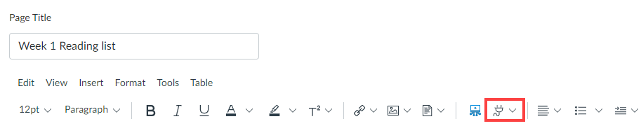 Screenshot showing the Apps plug icon highlighted in the rich text editor of Canvas.