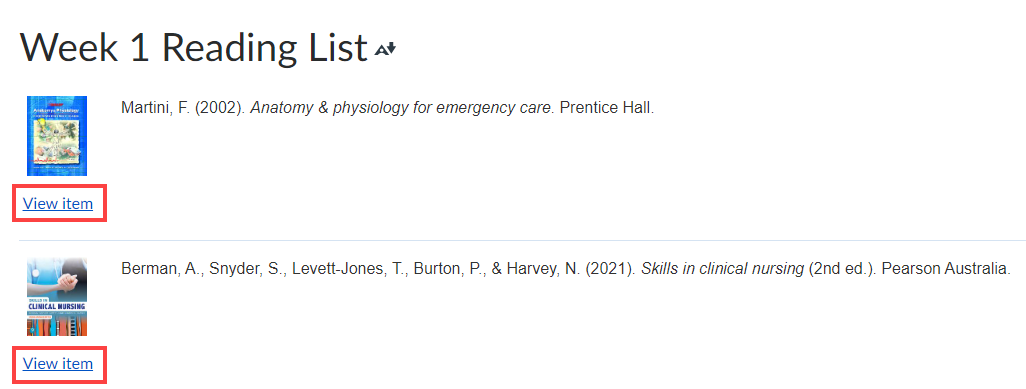 Screenshot showing the highlighted View Item links associated with Course Readings items that have been added to Canvas pages.