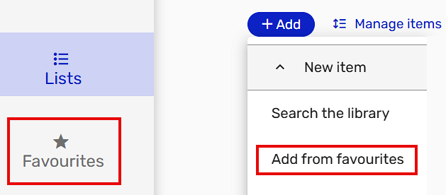 Screenshot showing the two methods for accessing favourites in Course Readings.