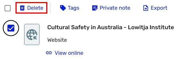 Screenshot showing an item selected in a user's Favourites collection, and the highlighted Delete option used to remove the item.