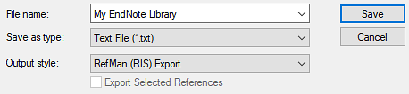 Screenshot showing Endnote's export popup window that includes the selected Endnote library, Save as text file option, and RIS Output style option.